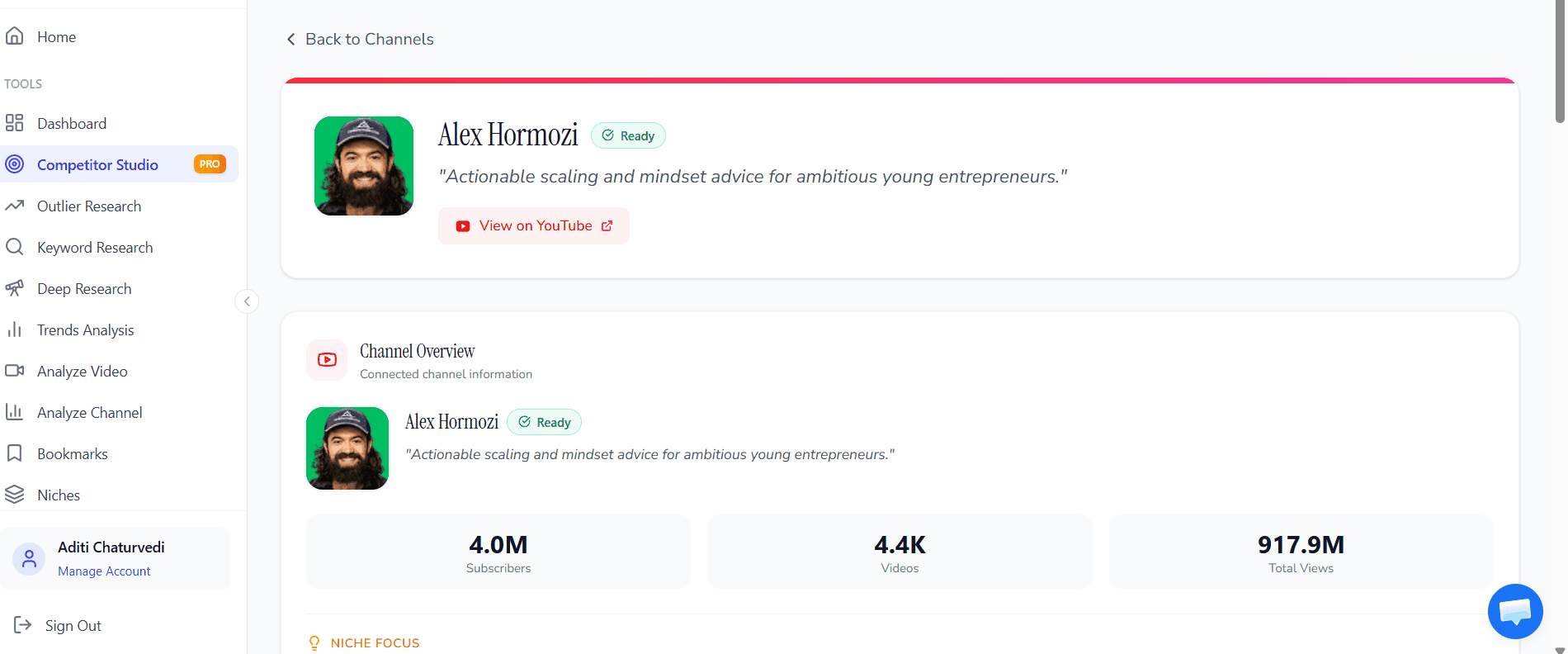 OutlierKit Competitor Studio dashboard showing niche-wide competitive intelligence analysis